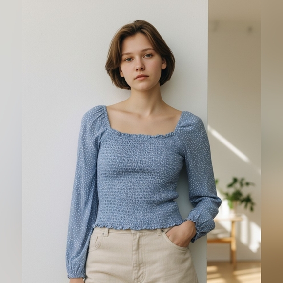 American Eagle Outfitters Tops - American Eagle Outfitters Light Blue Polka Dot Blouse